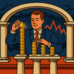 Ollustration of a trader stacking coins across three pillars labeled Covered Calls, Naked Puts, and Credit Spreads, symbolizing multiple income streams working together