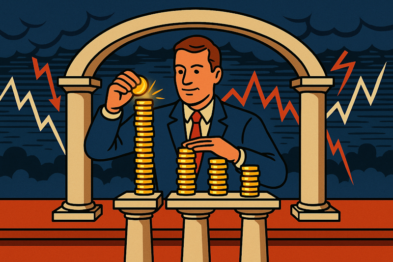 Ollustration of a trader stacking coins across three pillars labeled Covered Calls, Naked Puts, and Credit Spreads, symbolizing multiple income streams working together