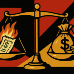 illustration of a scale with a burning lottery ticket labeled “Option Buyer” on one side and a heavy bag of cash labeled “Option Seller” on the other, symbolizing the advantage of selling options in an inflated market