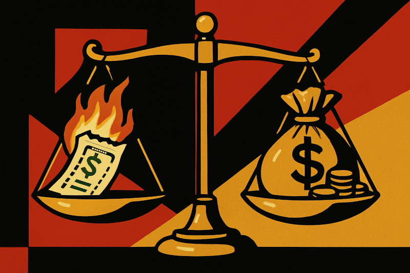 illustration of a scale with a burning lottery ticket labeled “Option Buyer” on one side and a heavy bag of cash labeled “Option Seller” on the other, symbolizing the advantage of selling options in an inflated market