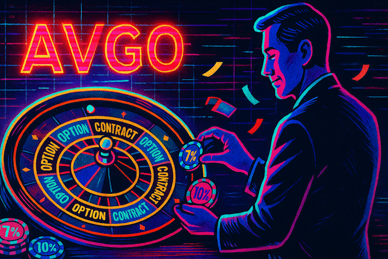 A trader at a roulette wheel as AVGO flashes above it. Dark theme, neon colors.