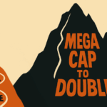Retro illustration of a trader standing on a small mountain with an easy trail labeled “Small Cap to Double” and a massive steep mountain labeled “Mega Cap to Double,” symbolizing why smaller companies have more room to grow.