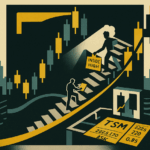 Escher-inspired image (but in color) showing a staircase made of candlesticks inside a larger bar, with a trader marking “inside high” and “inside low,” plus a ribbon-like EMA guardrail—illustrating an inside bar within an uptrend.