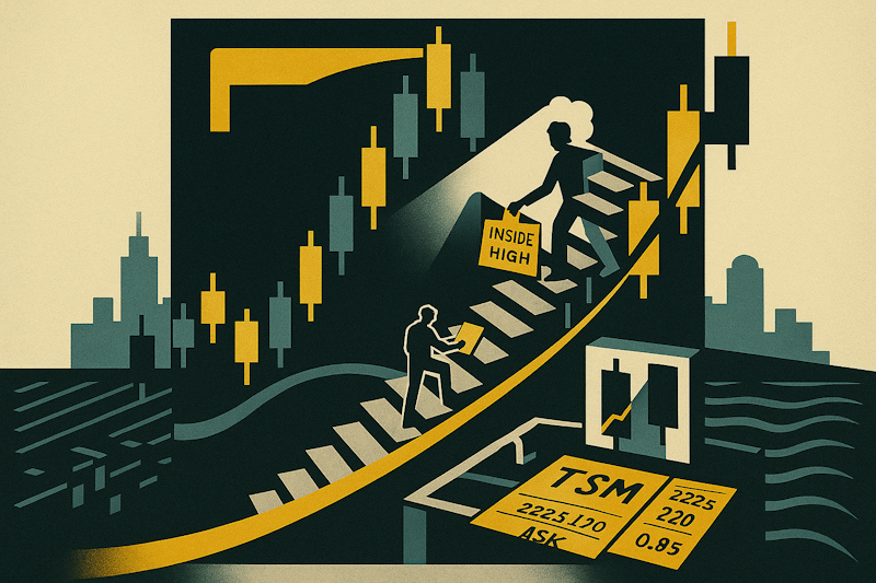 Escher-inspired image (but in color) showing a staircase made of candlesticks inside a larger bar, with a trader marking “inside high” and “inside low,” plus a ribbon-like EMA guardrail—illustrating an inside bar within an uptrend.