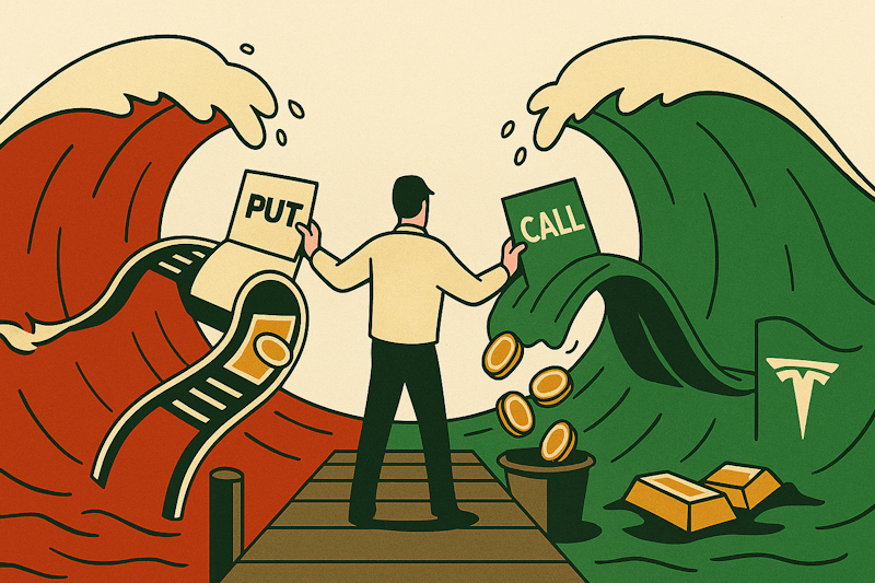 Illustration of red and green waves labeled fear and greed, with a trader calmly placing a PUT ticket into the red wave and a CALL ticket into the green wave.