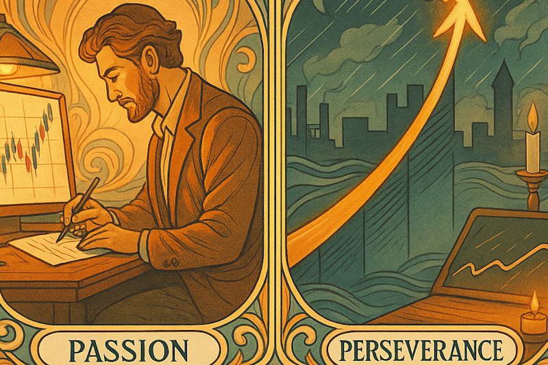 Art Nouveau poster showing a trader studying calmly (passion) and working through a stormy market (perseverance), with decorative borders and “Passion & Perseverance” title.
