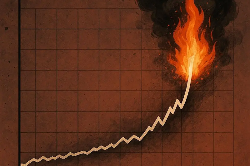 A stock chart showing a steady price rise turning into a parabolic, vertical "too much, too fast" type of chart. As price nears the top, it bursts into flames to symbolize the chart is unsustainable.