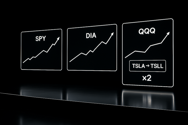 A glossy keynote-style image showing SPY, DIA, and QQQ rising together, plus a side panel indicating TSLA feeding into TSLL with a “×2” badge to represent a 2× leveraged Tesla ETF