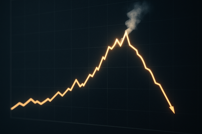 Film-noir style image of a trader silhouette watching a market chart step down from a thin short-term line to a thicker intermediate line, signaling caution and disciplined stops.